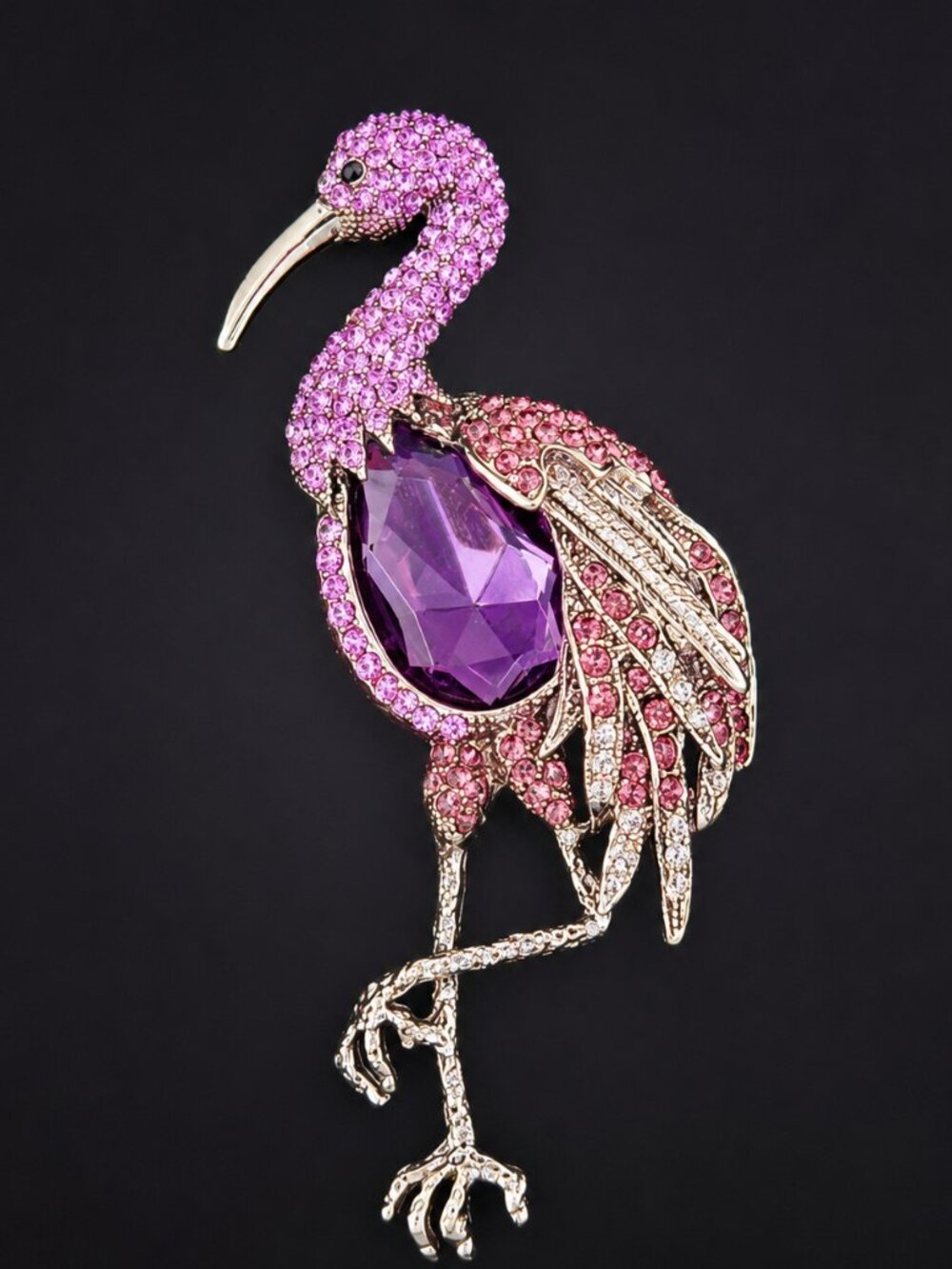 Large Purple Rhinestones Flamingo Bird Brooch Pin Silver Toned